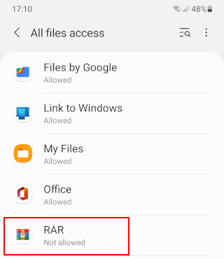 Give the RAR app access to all files