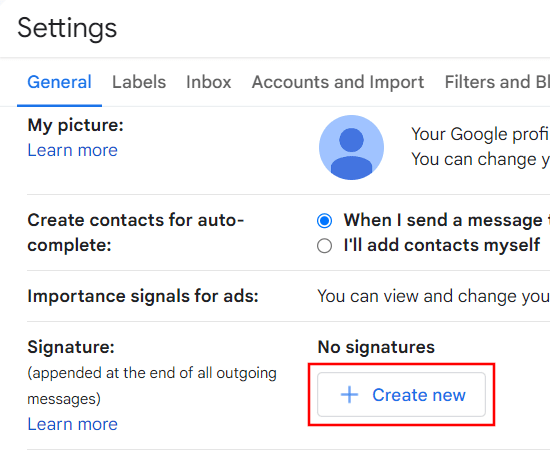 Gmail create new signature button
