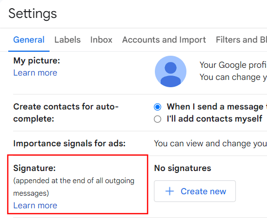 Gmail Signature section