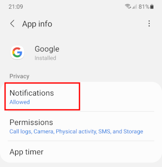 Paramètres des notifications de l'appli Google