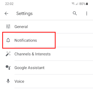 Google app notifications settings