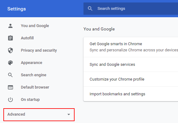 Google Chrome Advanced settings