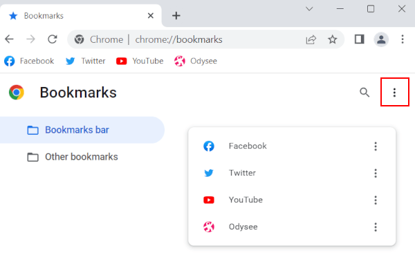 Google Chrome bookmarks manager options button