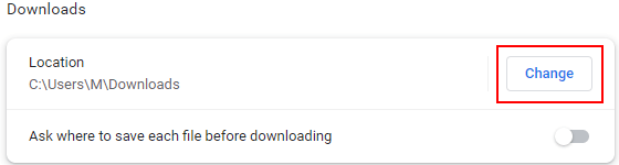 Google Chrome change download folder button
