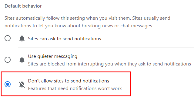 Google Chrome Don't allow sites to send notifications
