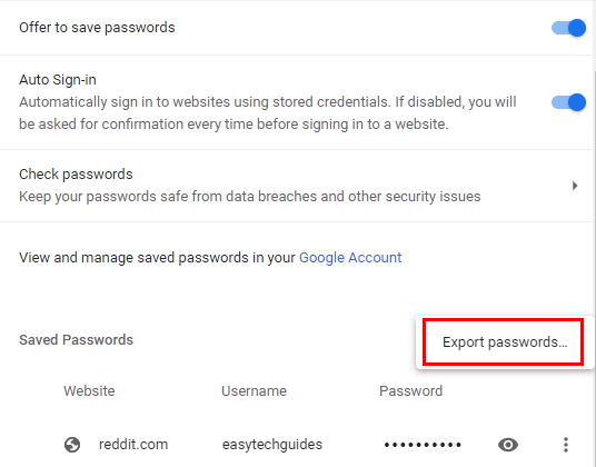 Google Chrome Export passwords option