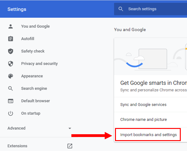 Google Chrome Import bookmarks and settings option