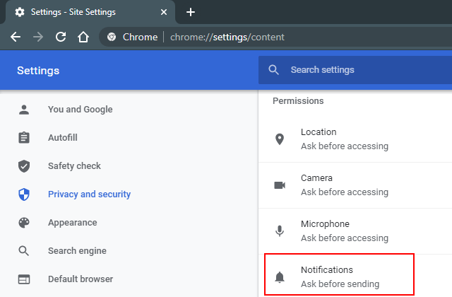 Google Chrome Notifications settings