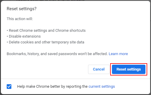 Google Chrome reset settings