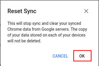 Google Chrome reset sync confirmation window