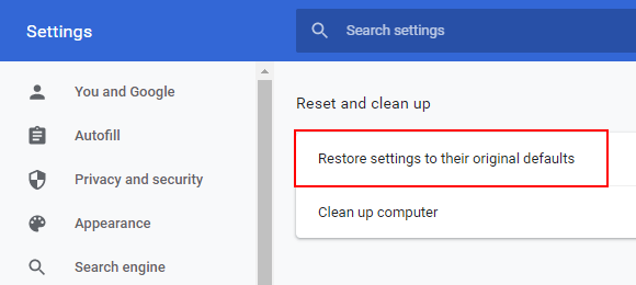 Google Chrome Restore settings to their original defaults