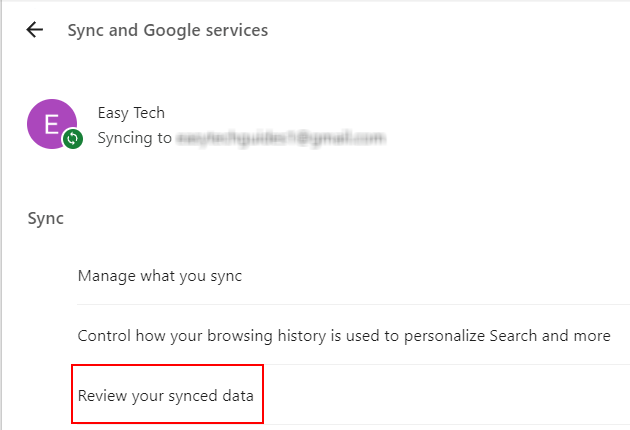 Google Chrome Review your synced data