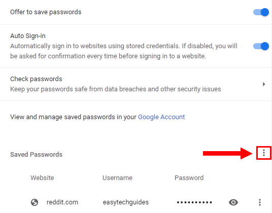 Google Chrome Saved passwords option button