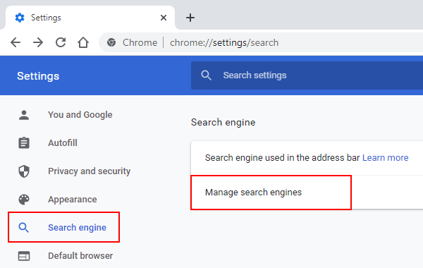 Paramètres du moteur de recherche Google Chrome