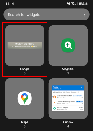 Google widgets on a Samsung phone