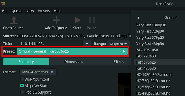 HandBrake preset selection button