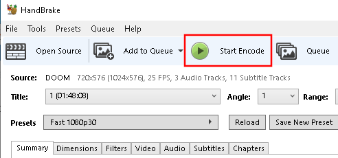HandBrake Start Encode button