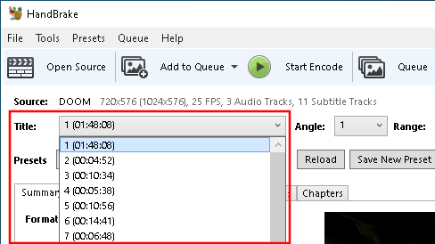 HandBrake title selection button