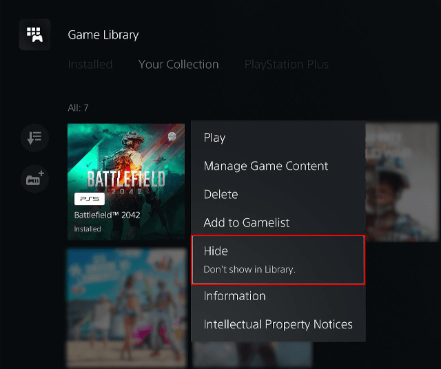 Hide a game from the PlayStation 5 Game Library