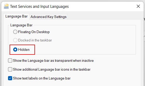 Hide language bar in Windows 11