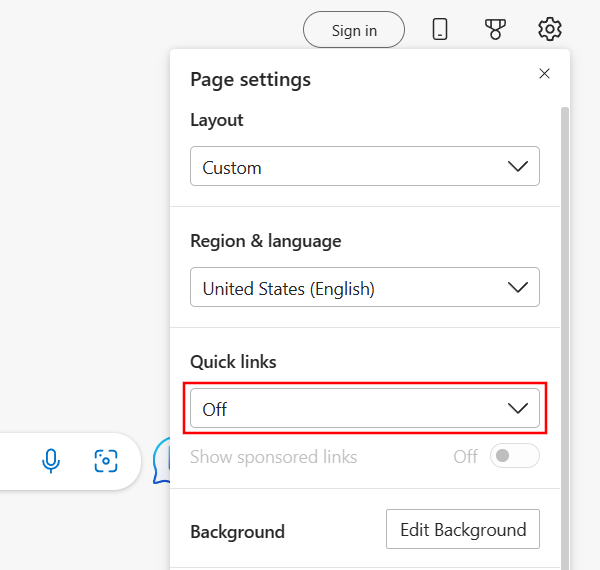 Hide quick links in Microsoft Edge