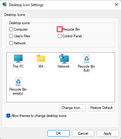 Hide the Recycle Bin icon from the desktop in Windows 11