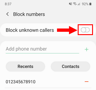 How to automatically block unknown phone numbers on a Samsung phone