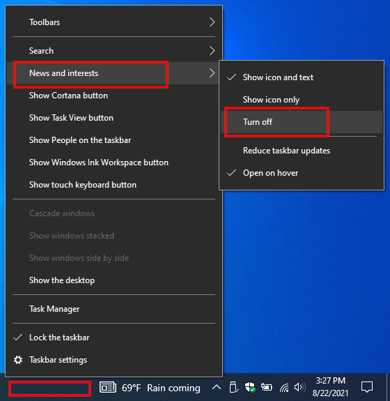 How to remove News and interests from the taskbar in Windows 10