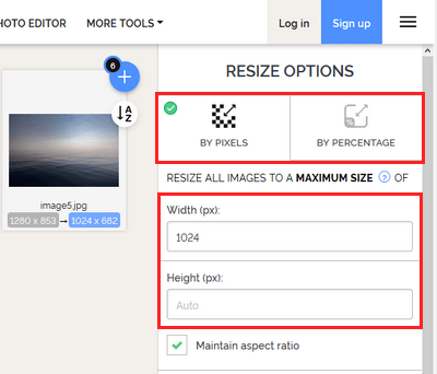 Image resize options on iloveimg.com