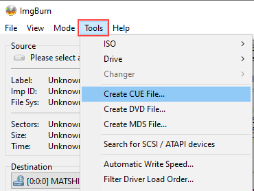 Option ImgBurn Créer un fichier CUE