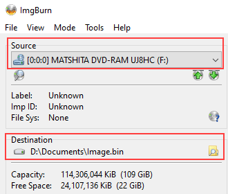 ImgBurn Source and Destination settings