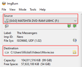 ImgBurn Source and Destination settings