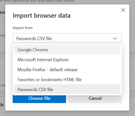 Import browser data window in Edge