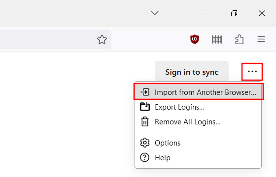 Import from Another Browser option in Firefox