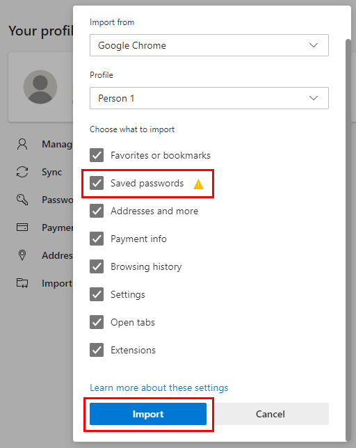 Import passwords into Microsoft Edge
