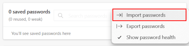 Import passwords option in Edge