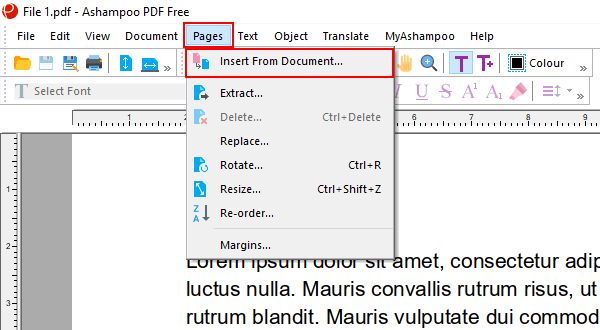 Insert from document menu entry in Ashampoo PDF Free