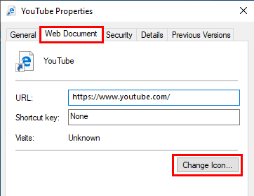 Internet shortcut properties Change Icon button