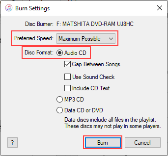 iTunes Burn Settings