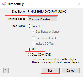 iTunes Burn Settings