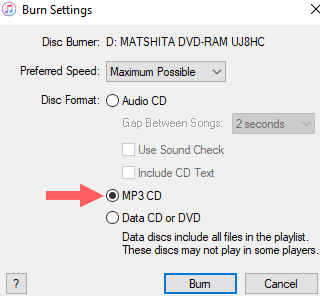 itunes burn settings window