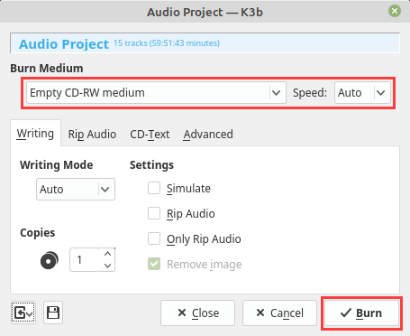 k3b Audio Project window