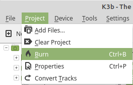 k3b burn project menu entry