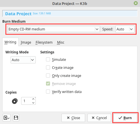k3b data project window
