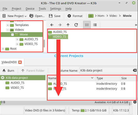 K3b drag VIDEO_TS folder to burn compilation