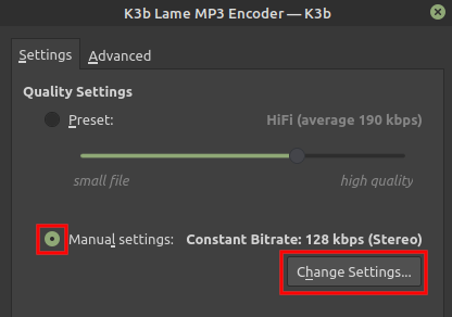 K3b manual MP3 settings button