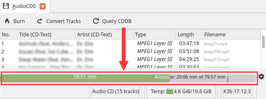 k3b minutes left on CD
