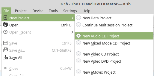 k3b New Audio CD Project