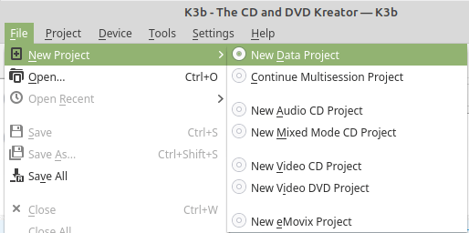 k3b new data project