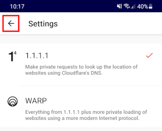 Leave the 1.1.1.1 app settings